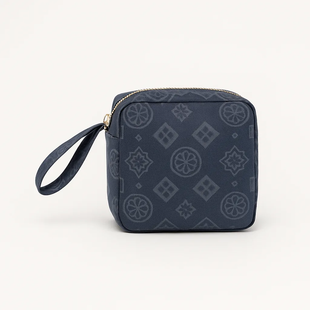 Navy Travel Prayer Set pouch with tonal petal medallions — each set has a unique print, Maison Haya